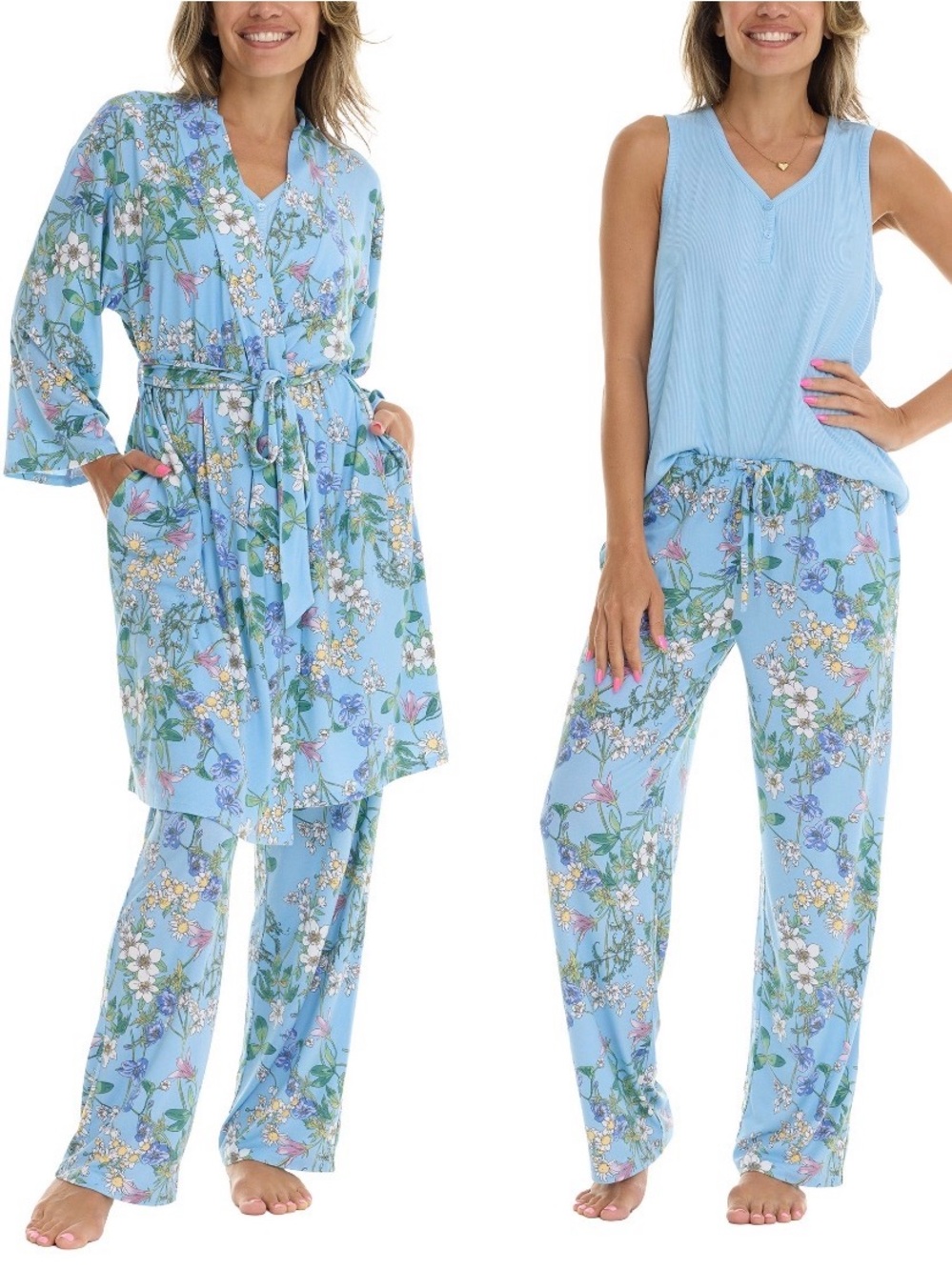Flora Nikrooz Light Blue Floral 3-Piece Pajama Set with Robe